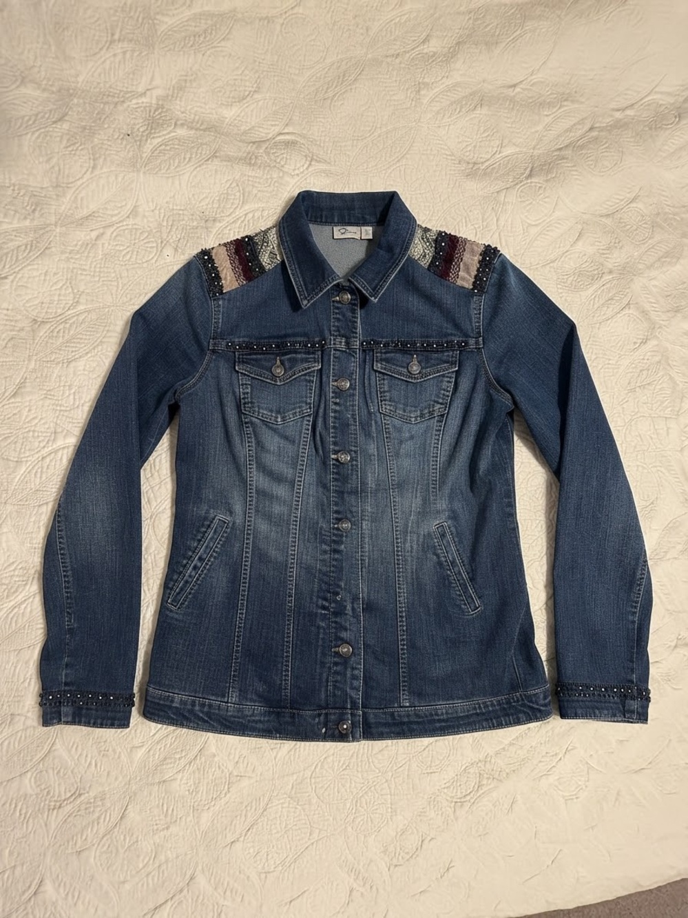 Chick women denim jacket Sz 1 embellished tapestry collar boho